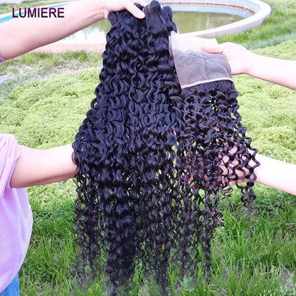 Water Wave Bundle With Closure Wet and Wavy Curly 100% Virgin Raw Jerry Curly Human Hair Bundle With Frontal Hair Extension 18A
