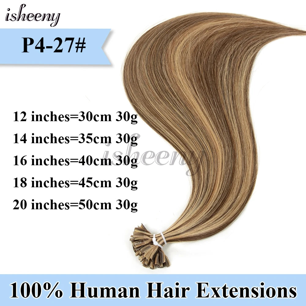 Nail U Tip Hair Extensions 100% Real Human Hair Natural Straight Kertain Hair Extensions 12-20 inches 30g/pack for Women Isheeny