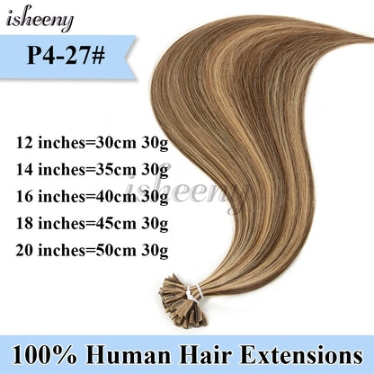 Nail U Tip Hair Extensions 100% Real Human Hair Natural Straight Kertain Hair Extensions 12-20 inches 30g/pack for Women Isheeny