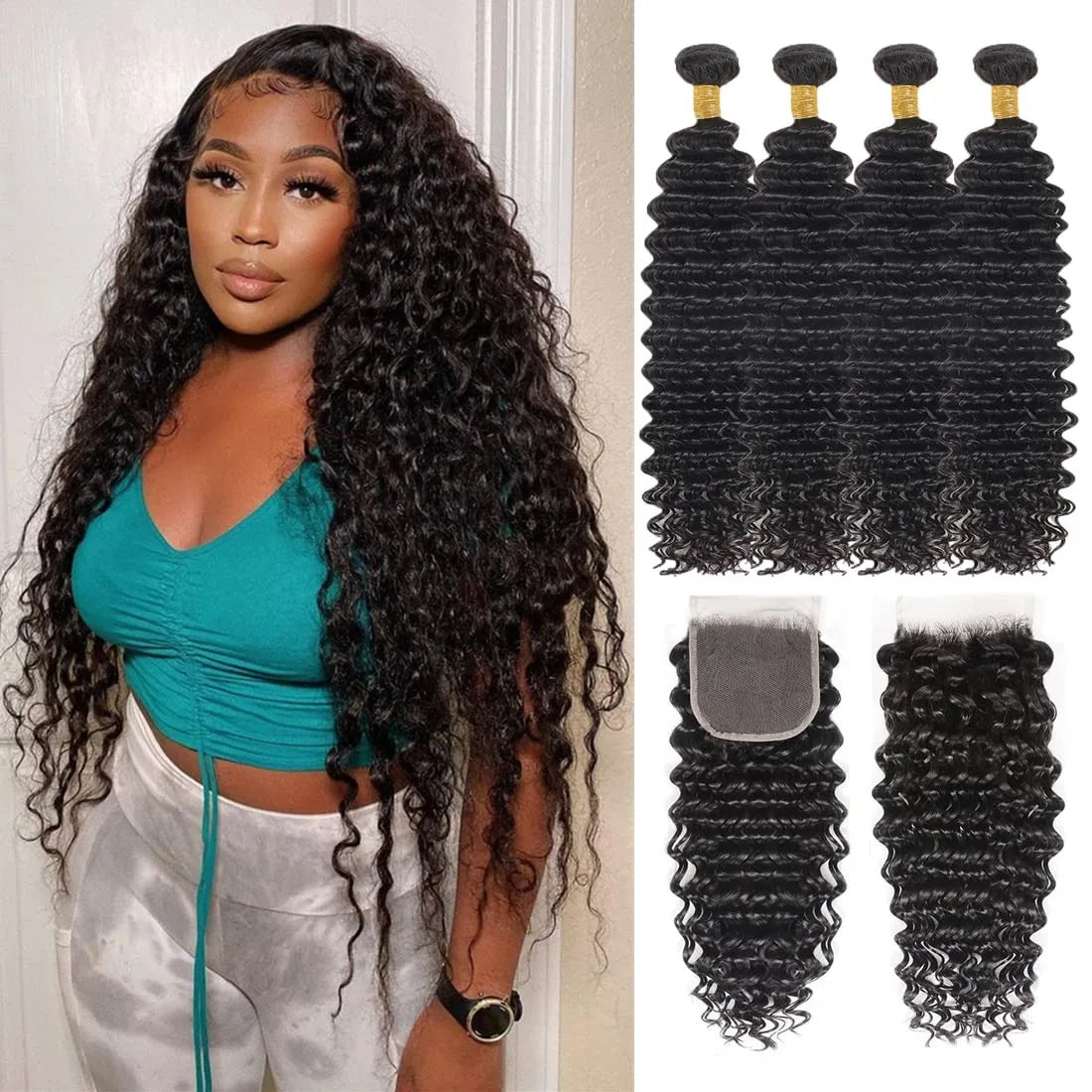Deep Wave Human Hair Bundles with Closure 4x4 13x4 HD Lace Brazilian Remy Unprocessed Weaving Curly Hair Bundles Extensions Deal