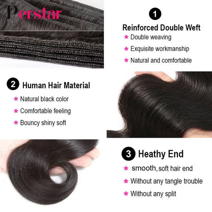 Perstar Human Hair Bundles With Closure Brazilian Body Wave Bundles With Closure Human Hair Weave Extensions 3/4 Bundles Remy