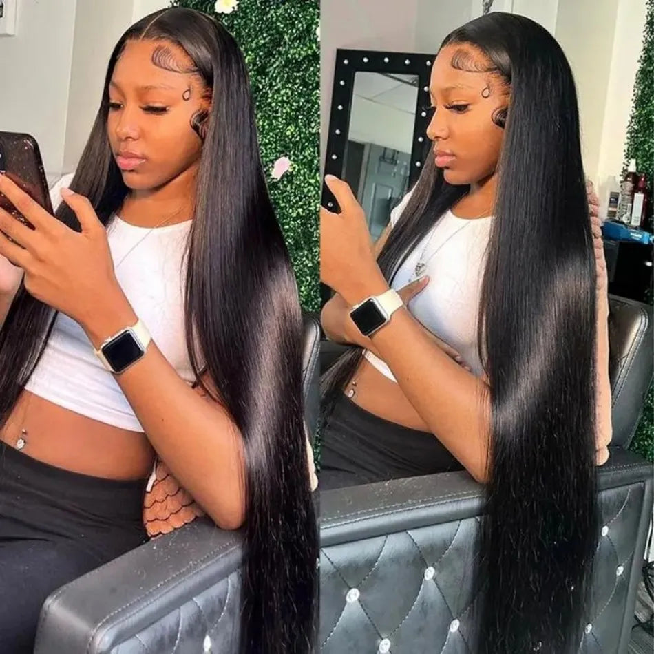 Straight Human Hair Wig Glueless 13X6 Hd Lace Frontal Wigs 40 Inch Lace Front Wigs Brazilian 250 Density Natural Color For Women