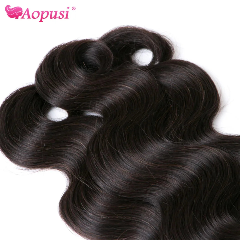 Aopusi Body Wave Bundles With Closure Brazilian Human Hair Weave Bundles With Closure Hair Extension 3/4 Bundles With Closure