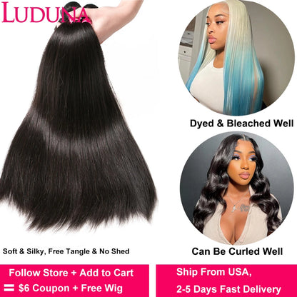 Luduna Straight Bundles Human Hair Brazilian Human Hair Bundles Remy Extensions 1/3/4 Bundle Deal Weave Double Weft Hair Weaving