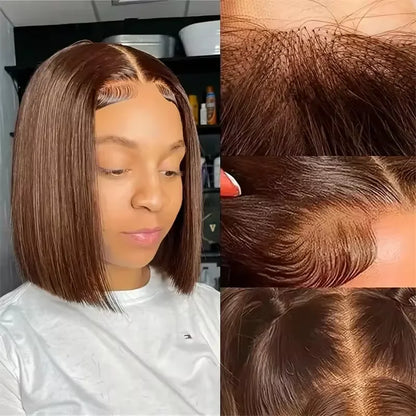 Straight Bob Wig Human Hair Color #4 Chocolate Brown HD Lace Front Wig 13x4 Lace Front Wigs Human Hair Pre Plucked 200% Density