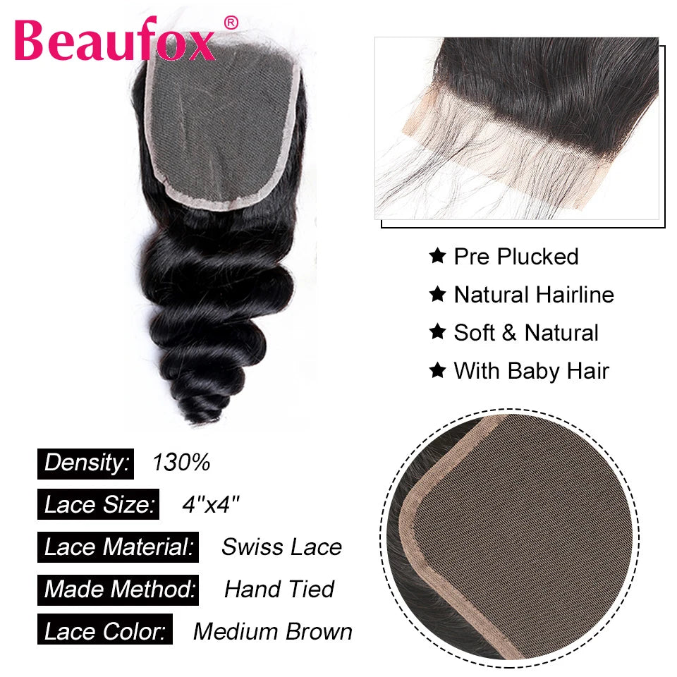 Beaufox Loose Wave Human Hair Bundles With Closure Indian Hair Weave 3/4 Bundles With Lace Closure Wavy Human Hair Extensions