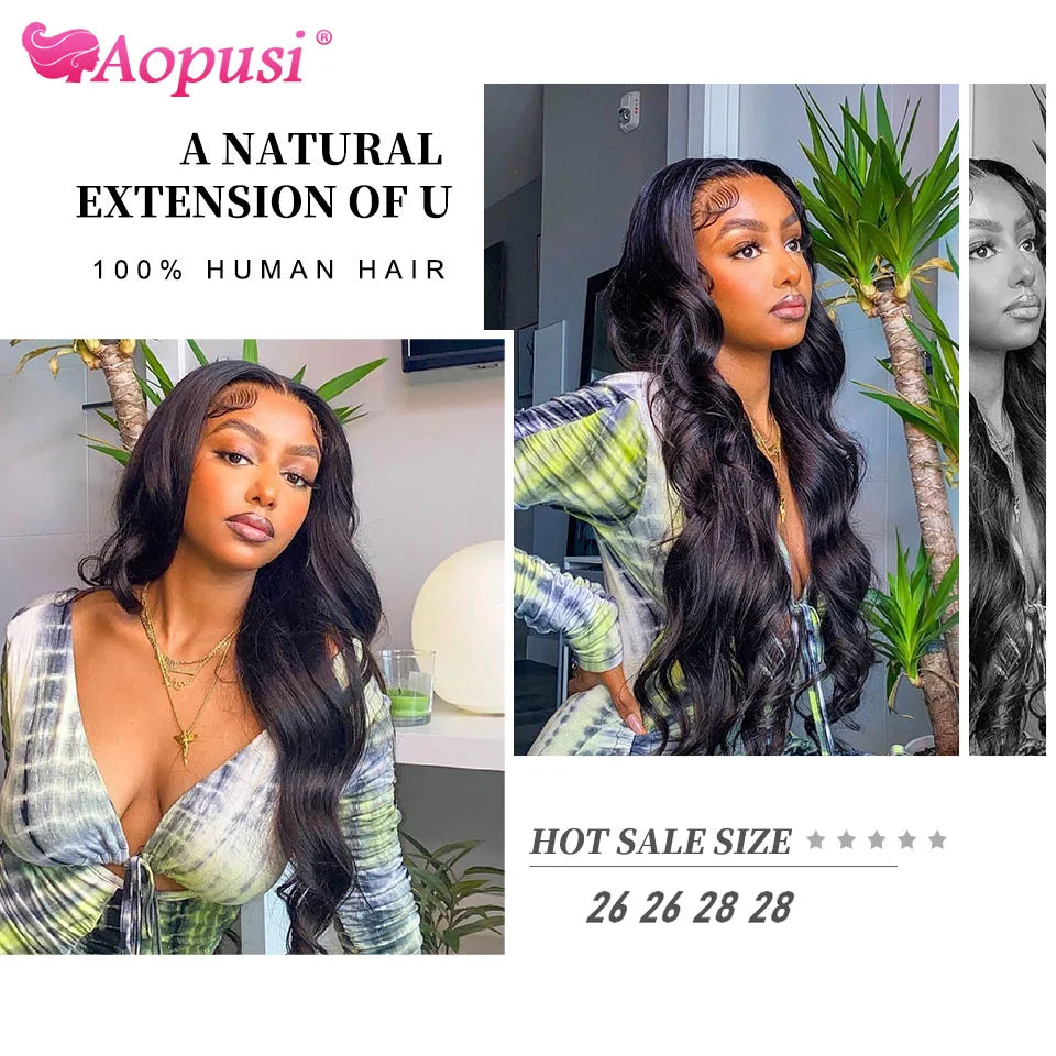 Aopusi Body Wave Bundles With Closure Brazilian Human Hair Weave Bundles With Closure Hair Extension 3/4 Bundles With Closure