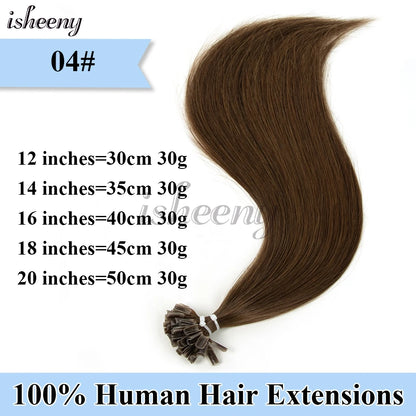 Nail U Tip Hair Extensions 100% Real Human Hair Natural Straight Kertain Hair Extensions 12-20 inches 30g/pack for Women Isheeny